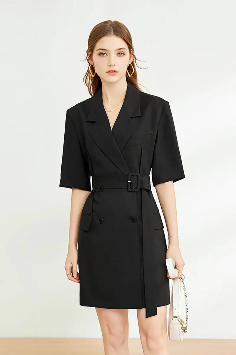 Black Double-Breasted Belted Blazer Mini Dress with Elbow Sleeve - HBQMJX