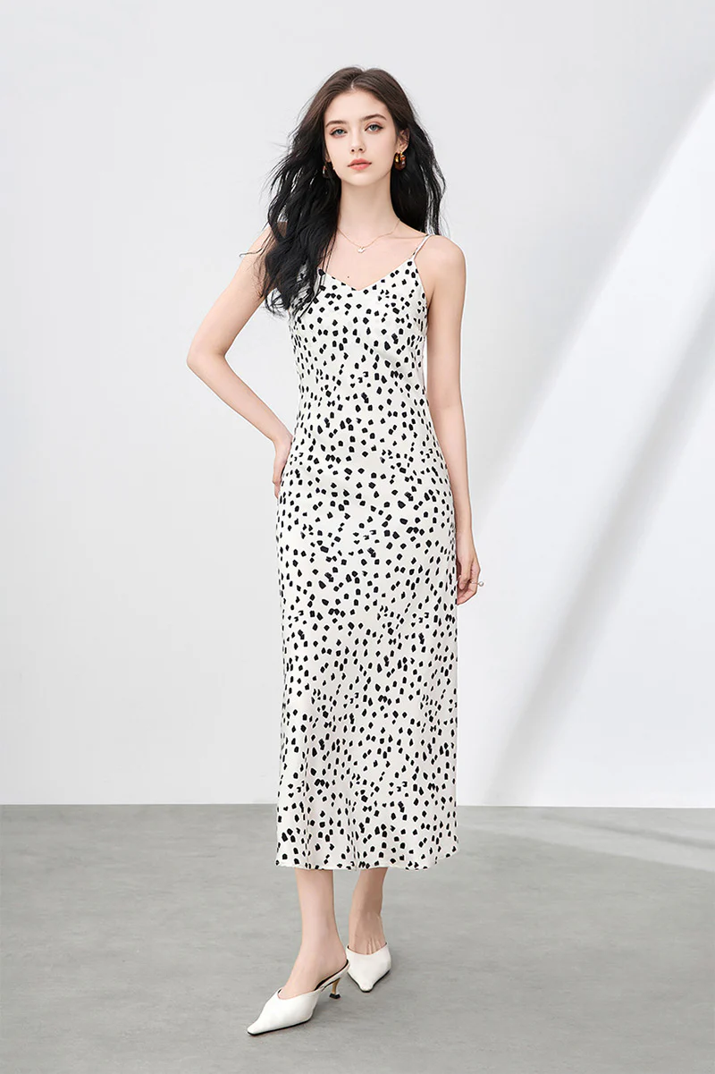 Satin Printed V-Neck Midi Slip Dress - HBQMJX