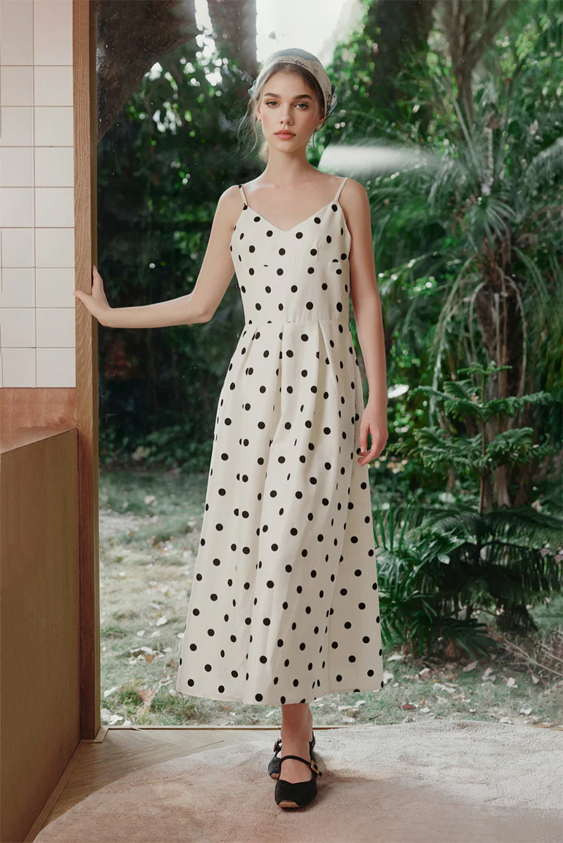 White Polka-Dot Spaghetti-Strap Midi Dress - HBQMJX