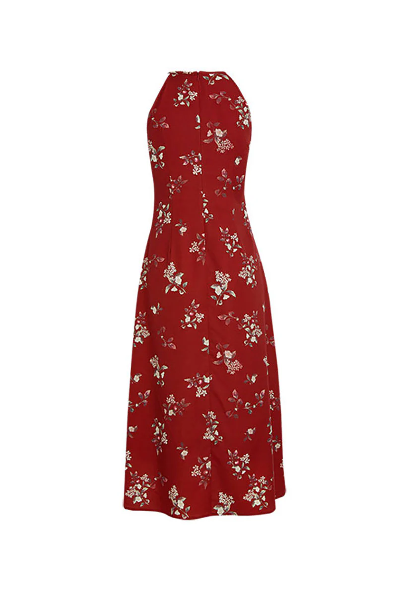 Red Jacquard Halter Midi Dress with Shoulder Bow - HBQMJX