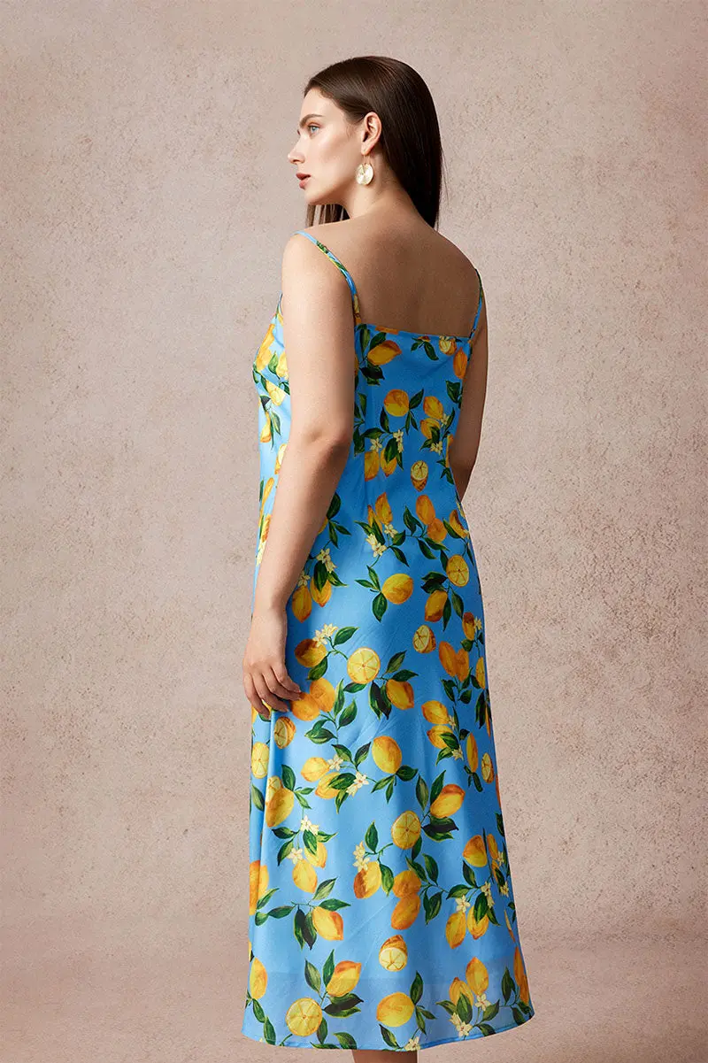 Blue Lemon Print Midi Slip Dress - HBQMJX
