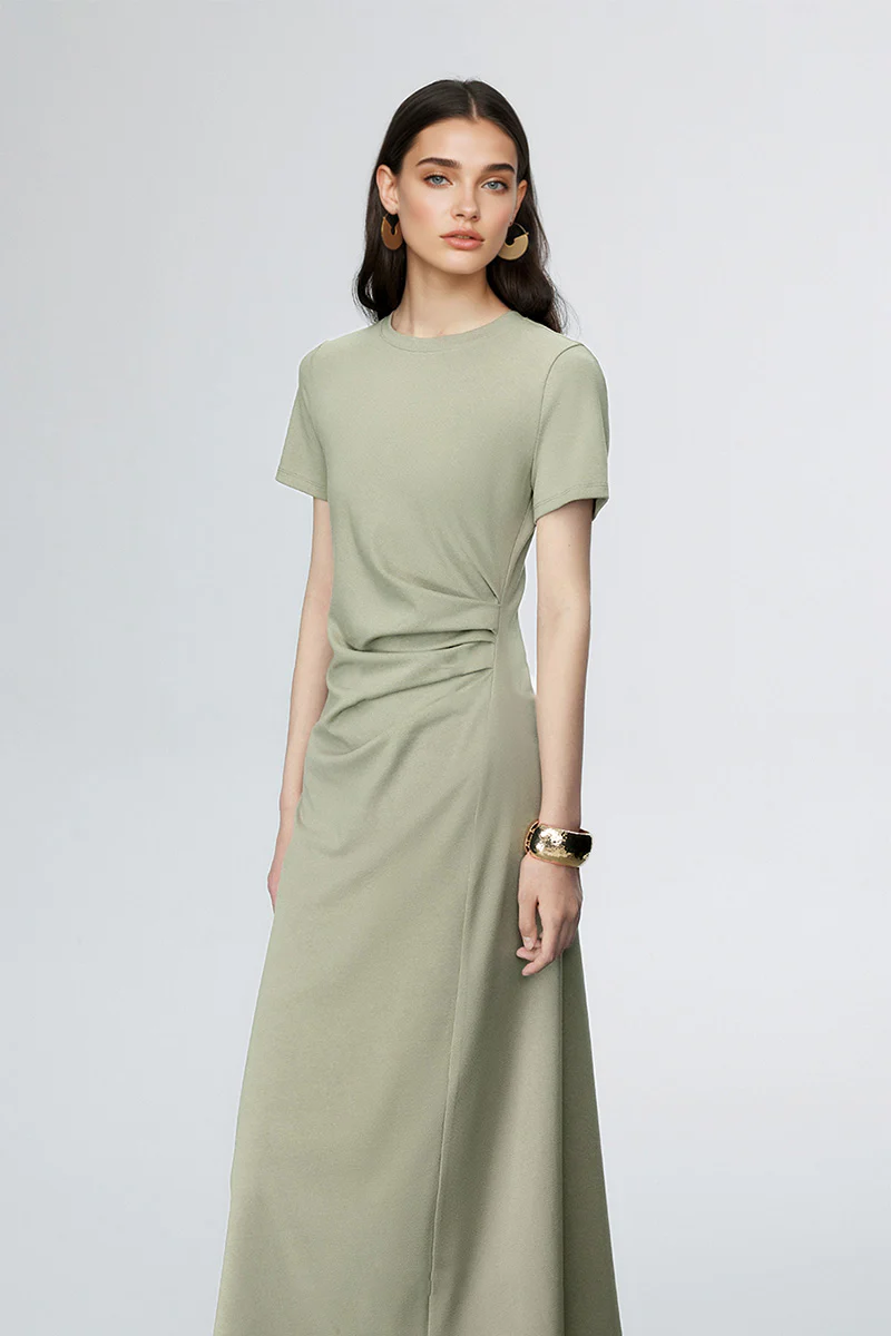 Sage Green Ruched-Waist T-Shirt Midi Dress - HBQMJX