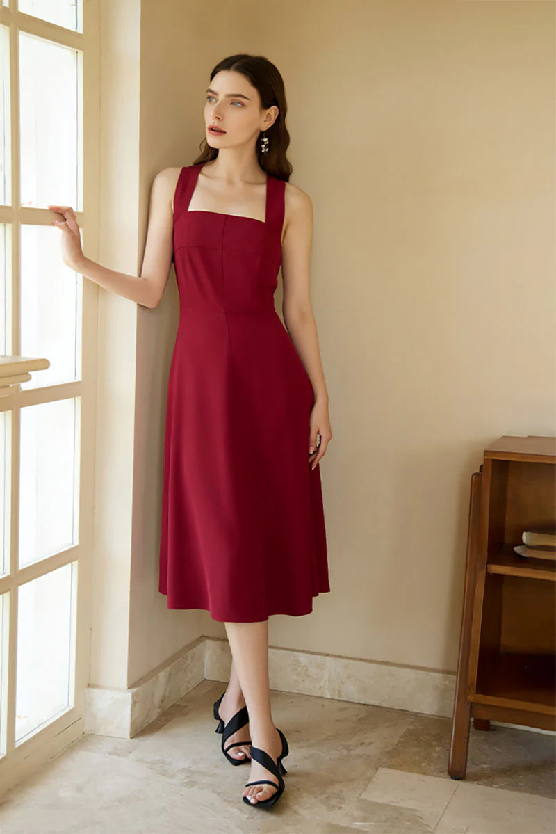 Red Cross-Back A-Line Midi Dress - HBQMJX