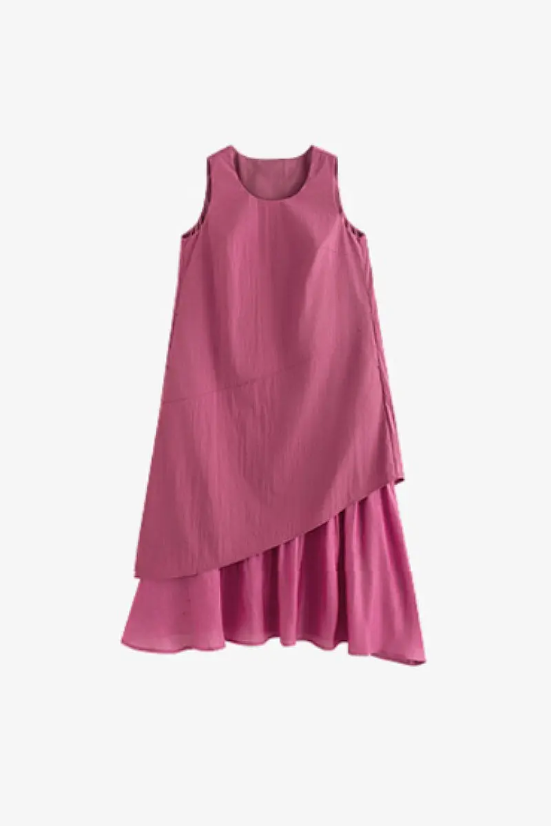 Pink Flowy Asymmetrical Sleeveless Trapeze Midi Dress - HBQMJX