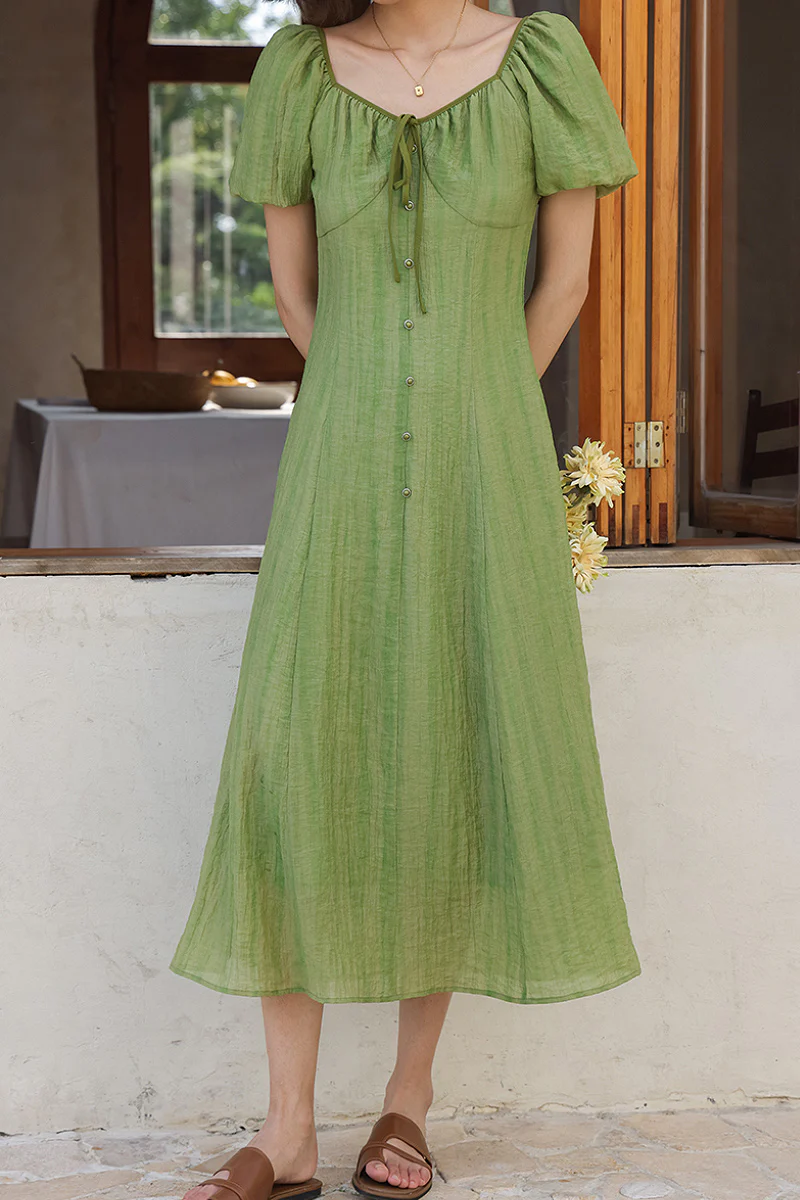 Olive Green Lyocell V-Neck Puff-Sleeve Midi Dress - HBQMJX