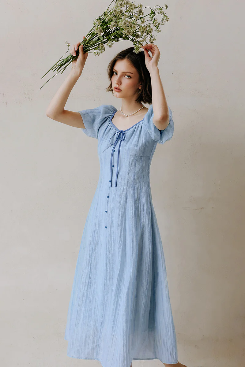 Baby Blue Lyocell V-Neck Puff-Sleeve Midi Dress - HBQMJX