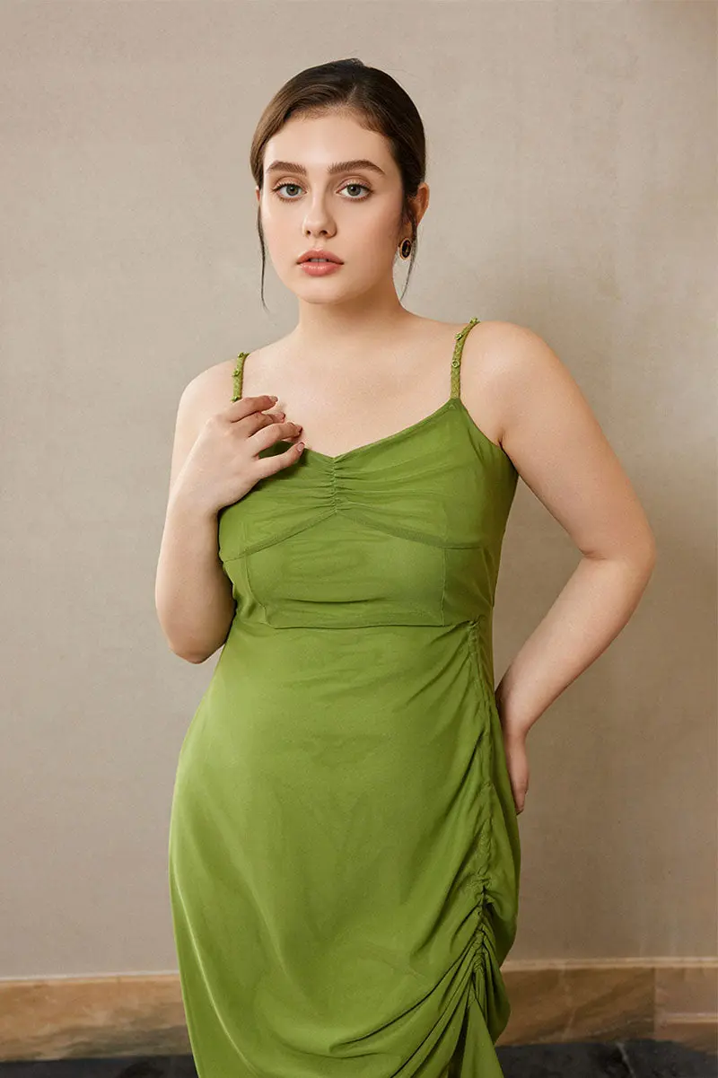 Ruched Mesh Drawstring Midi Dress in Olive Green - HBQMJX