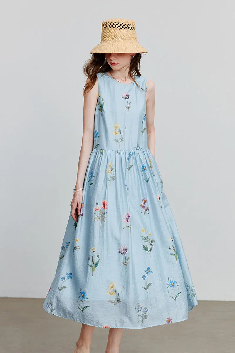Blue Floral Linen Sleeveless Fit & Flare Midi Dress - HBQMJX