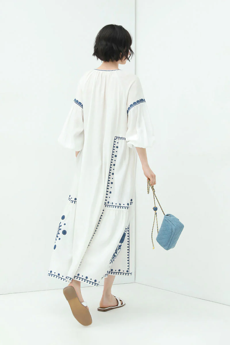 Boho Embroidered Long-Sleeve Split-Neck Maxi Dress - HBQMJX