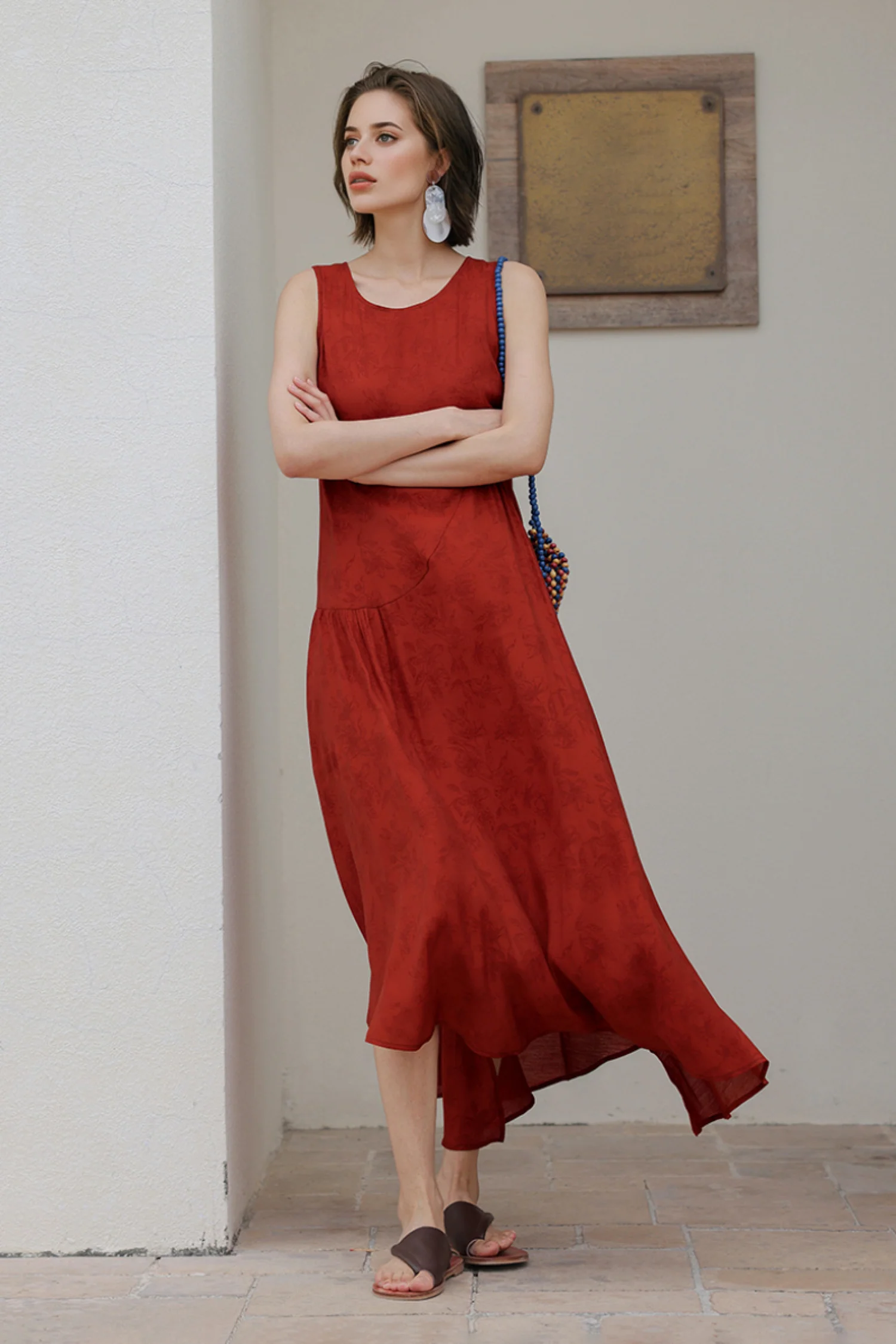 Red Asymmetrical Tiered Sleeveless Maxi Dress with Floral Print - HBQMJX