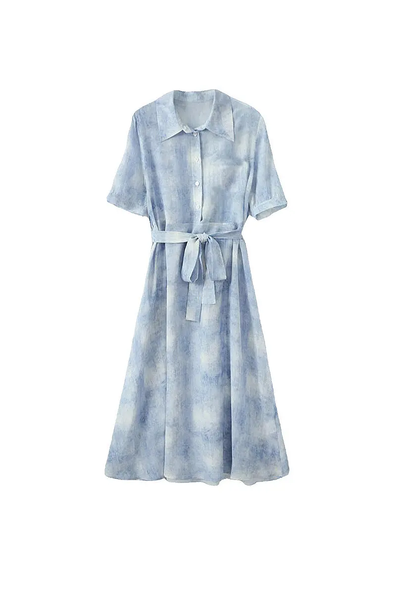 100 Mulberry Silk Blue Tie Dye Shirt Midi Dress - HBQMJX