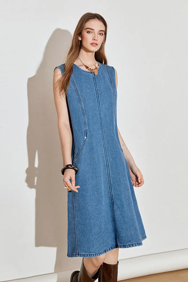 Denim Sleeveless Shift Midi Dress with Pockets - HBQMJX