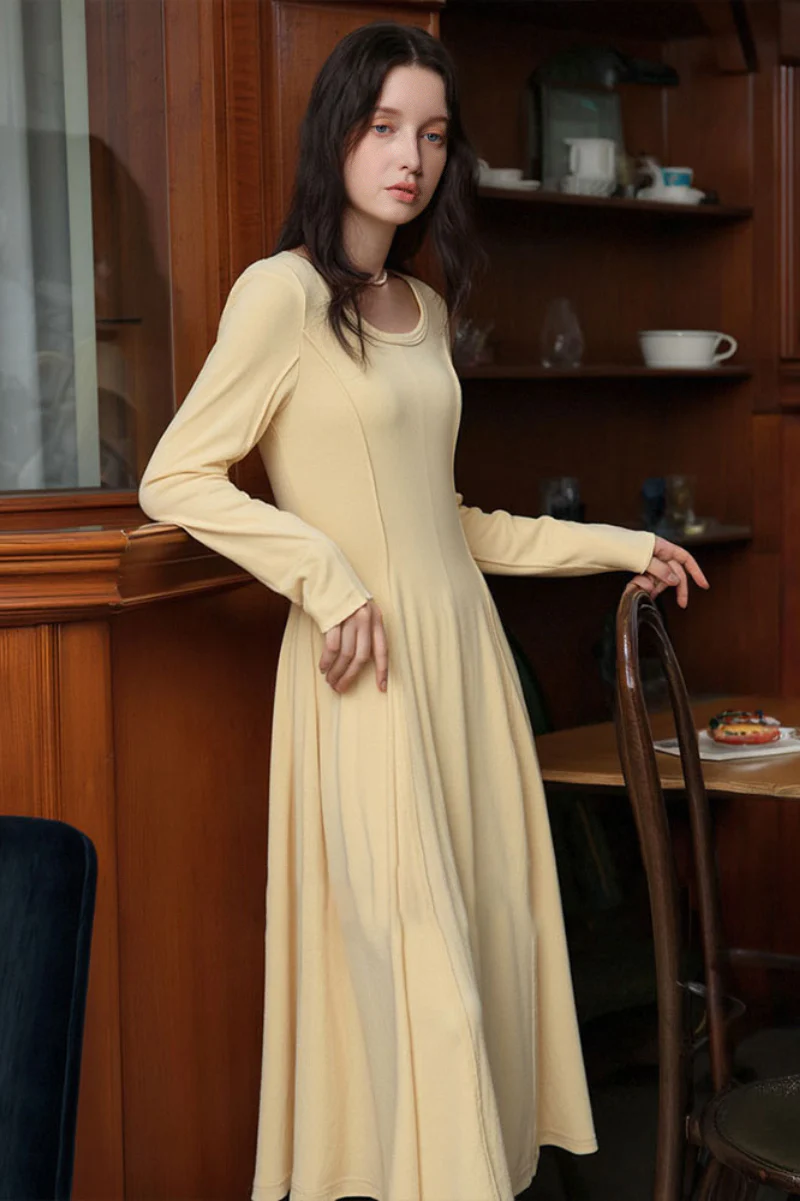 Yellow Stretch Long-Sleeve Scoop-Neck A-Line Maxi Dress - HBQMJX