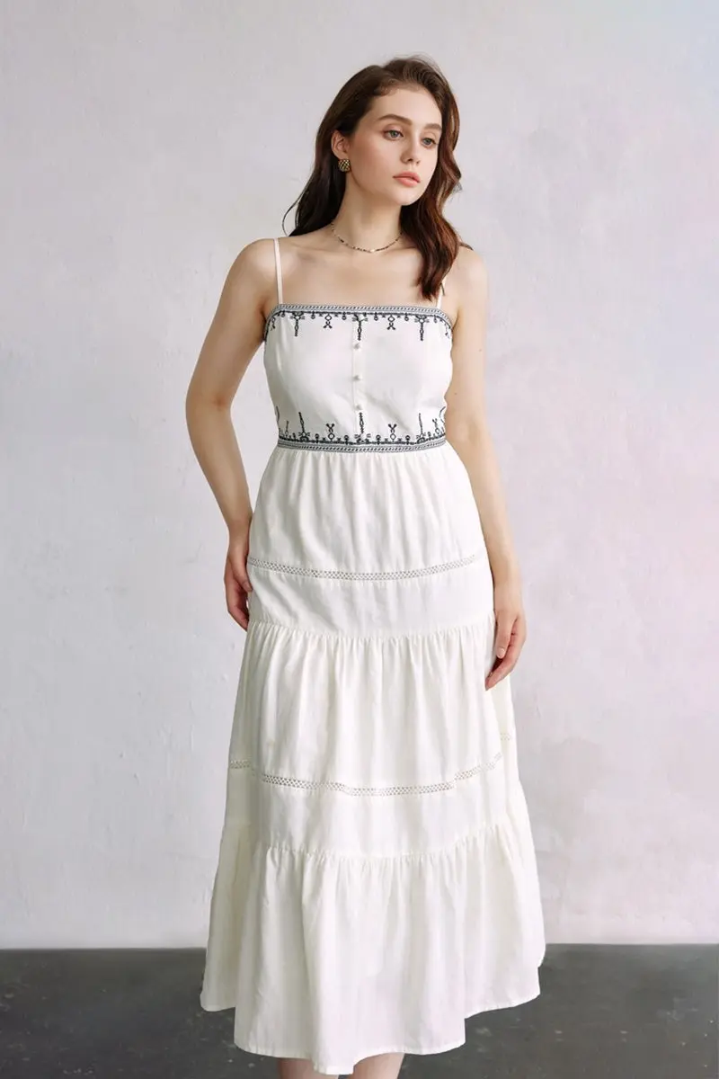 White Tiered Embroidered Spaghetti-Strap Midi Dress - HBQMJX