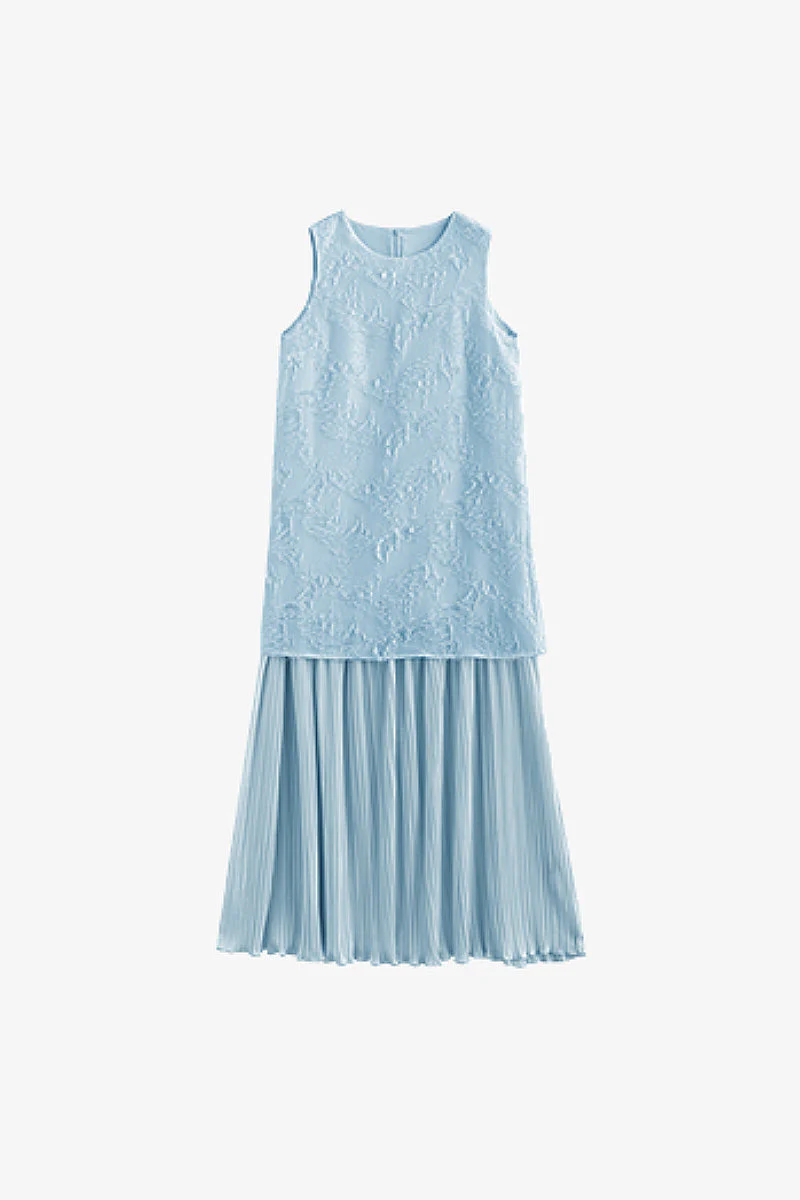Blue Frayed Jacquard Pleated Mixed-Media Midi Dress - HBQMJX