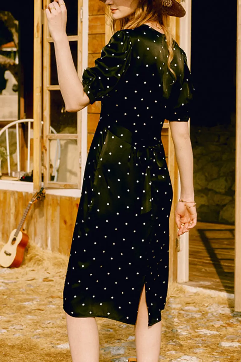 French-Inspired Silk  Crepe-Back Polka Dot Midi Dress in Black - HBQMJX
