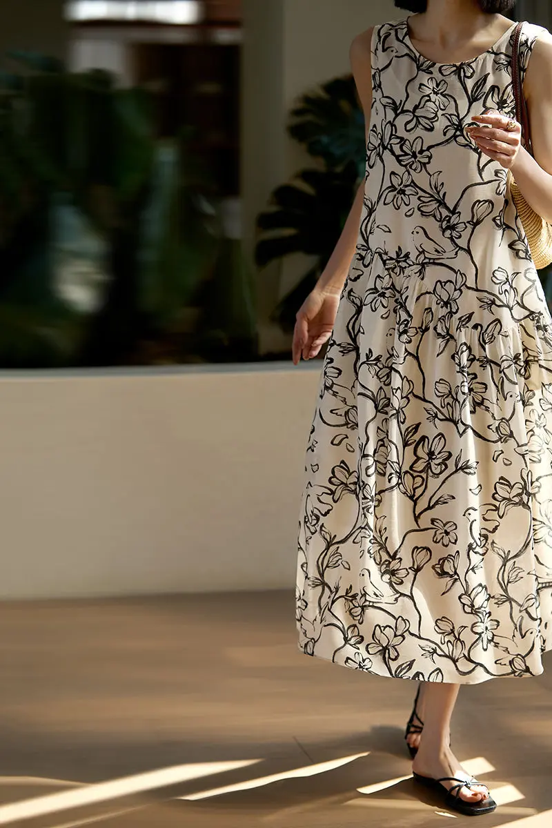 Linen Floral Sleeveless Midi Dress - HBQMJX