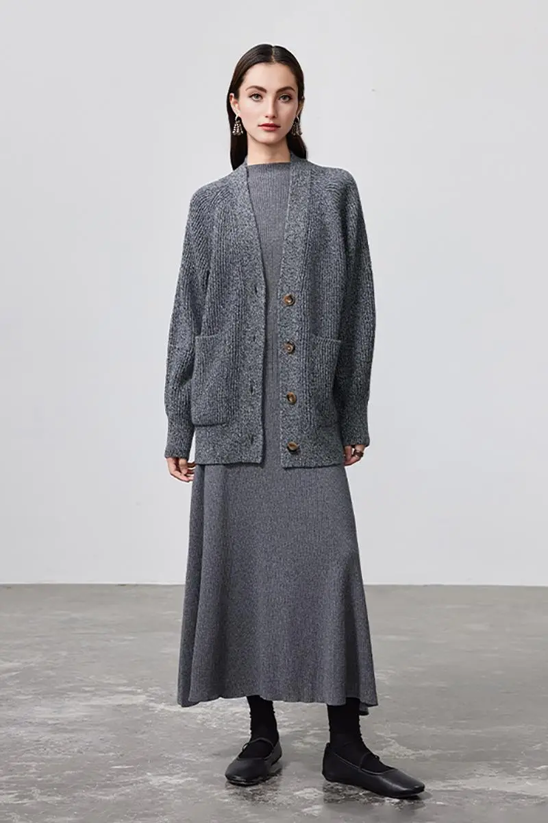 Machine Washable Merino Wool Fit & Flare Midi Sweater Dress with Belt - HBQMJX