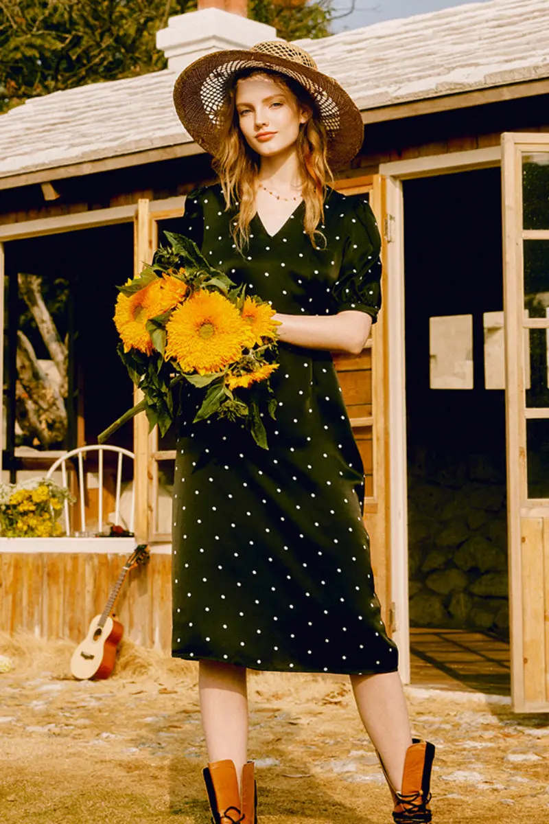 French-Inspired Silk  Crepe-Back Polka Dot Midi Dress in Black - HBQMJX