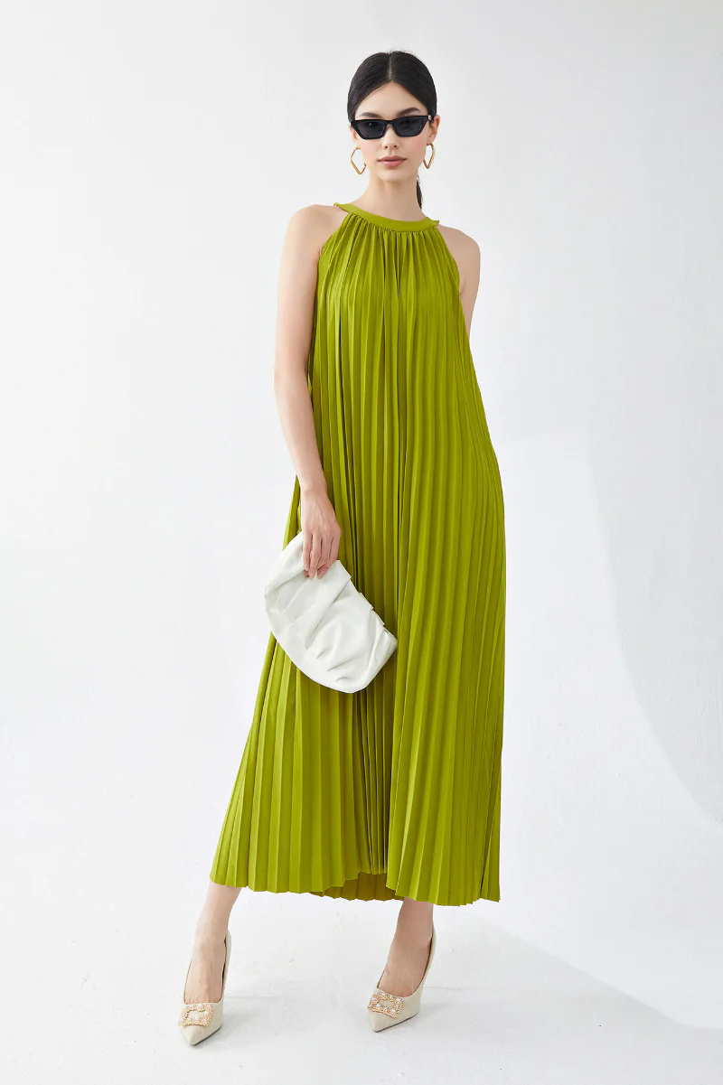 Designer Inspired Pleated Flowy Halter-Neck Midi Dress in Lime Green - HBQMJX