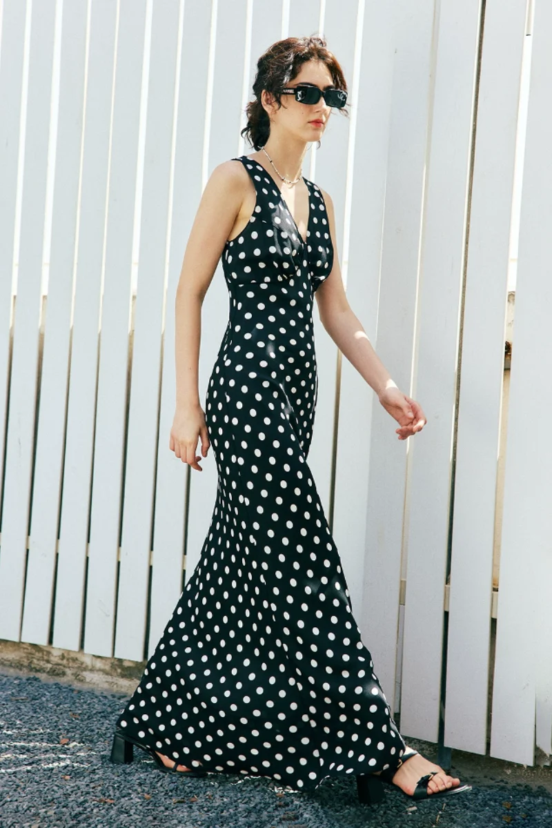100% Silk Polka Dot V-Neck Crepe Maxi Dress - HBQMJX