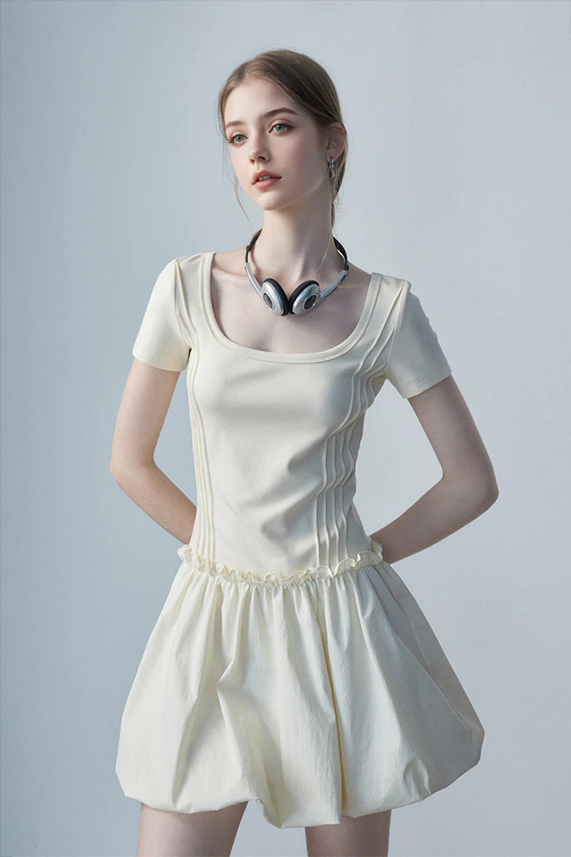 Ivory Squre-Neck Bubble Mini Dress - HBQMJX