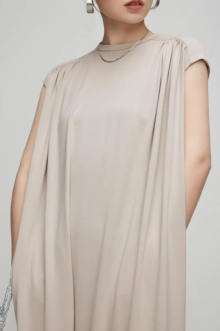 Oversized Padded Shoulder Acetate Sleeveless Shirt Dress - HBQMJX