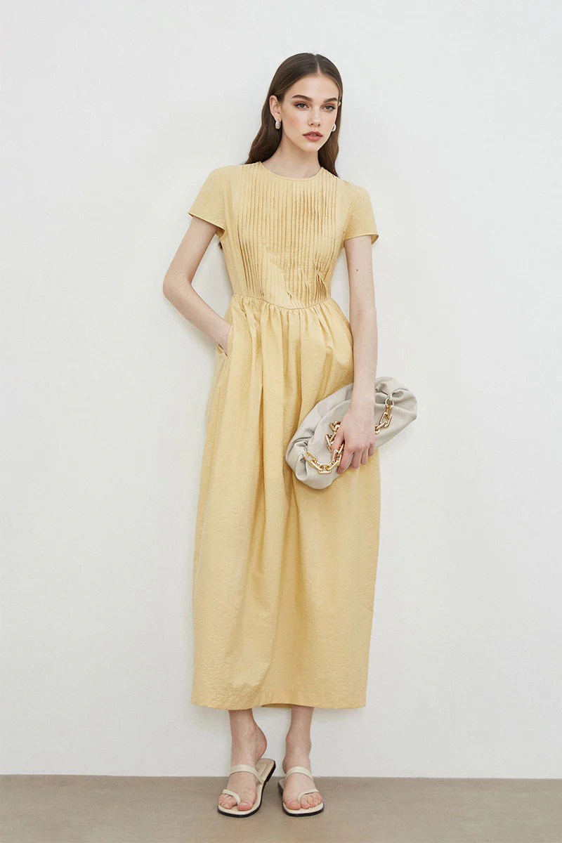 Yellow Long-Staple Cotton Midi Dress with Front Pleat - HBQMJX