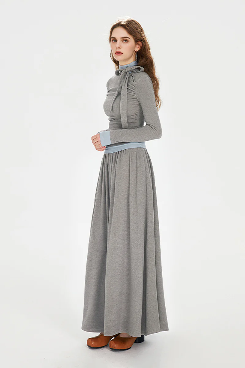 Long-Sleeve Ruched Fit & Flare Maxi Dress with Bow - HBQMJX