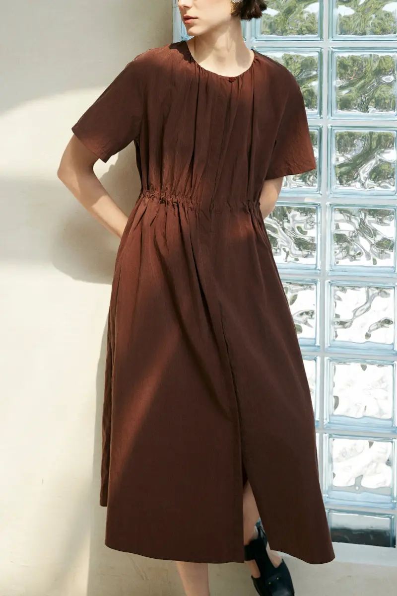 Summer Cinched Waist Midi Dress with Pockets - HBQMJX