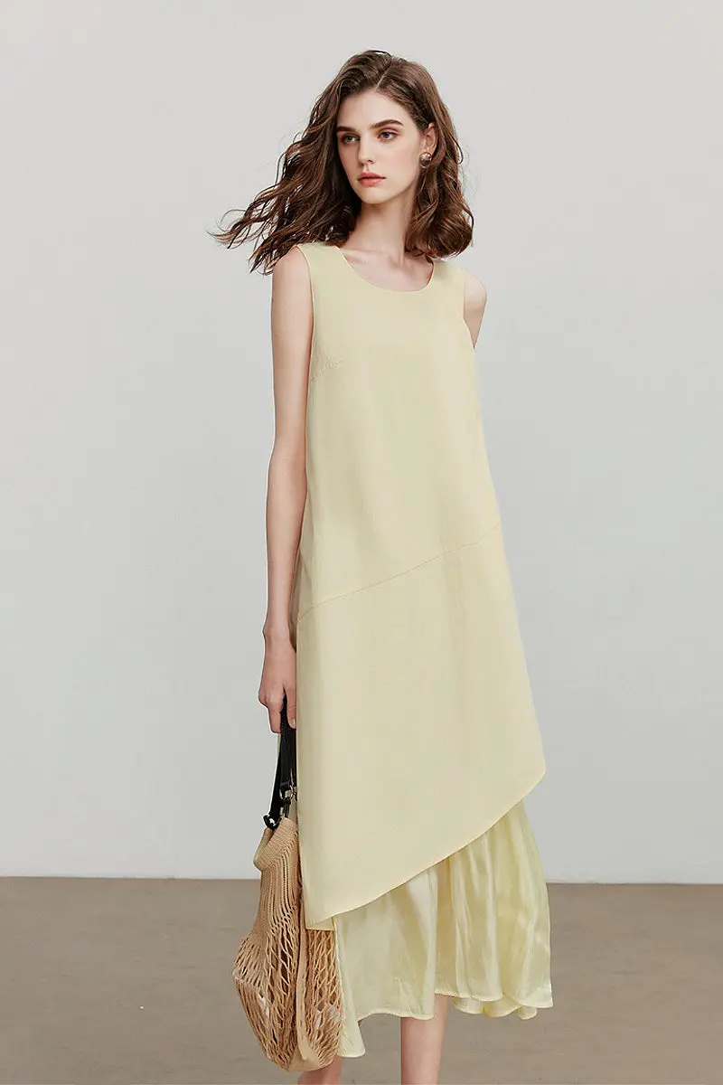 Yellow Flowy Asymmetrical Sleeveless Trapeze Midi Dress - HBQMJX