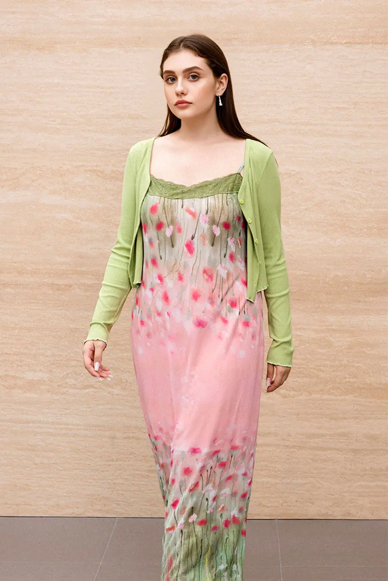 Floral Lace Mesh Slip Midi Dress with Side Slit - HBQMJX