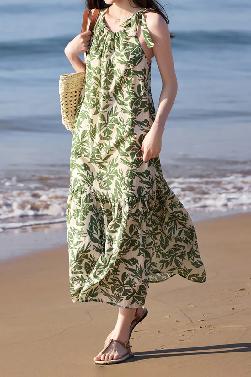 Green Floral Halter-Neck Beach Midi Dress - HBQMJX