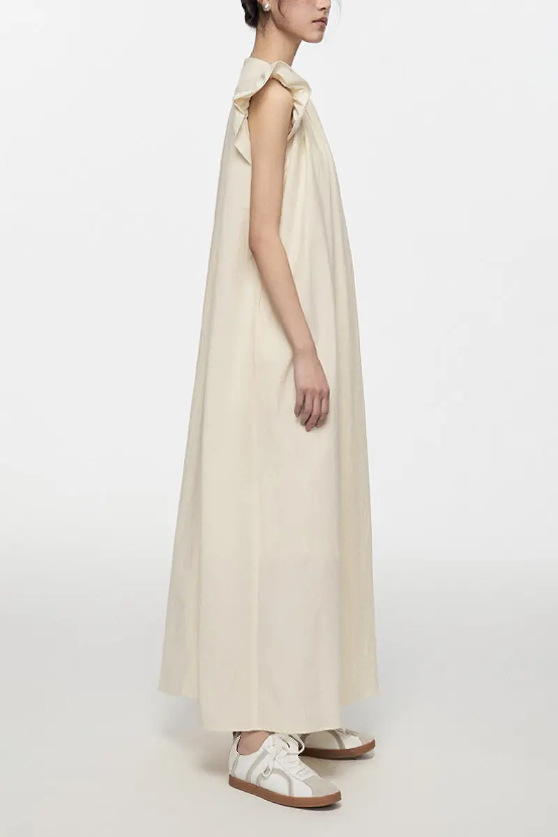 White Ruffle Cap-Sleeve Trapeze Maxi Dress - HBQMJX