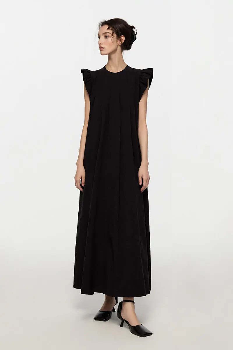 Black Ruffle Cap-Sleeve Trapeze Maxi Dress - HBQMJX