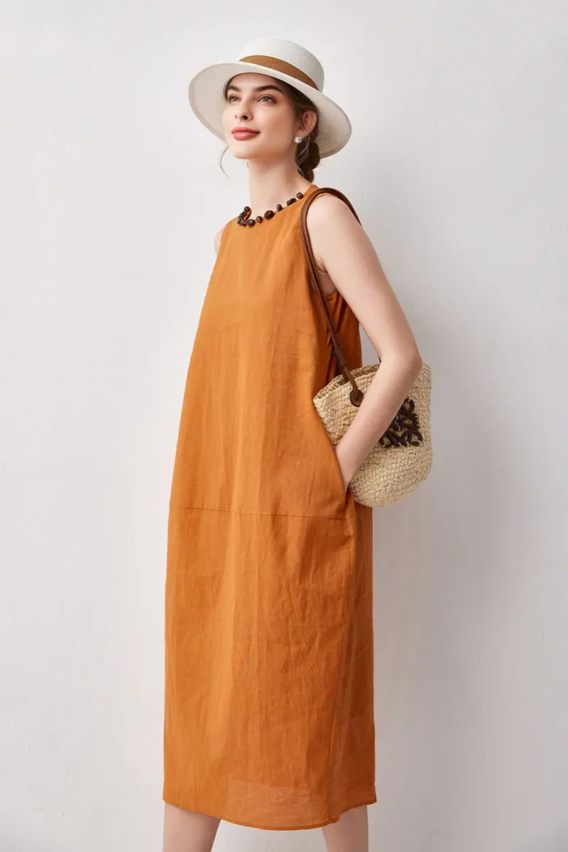 100 Linen Sleeveless Midi Dress With Back Slit - HBQMJX