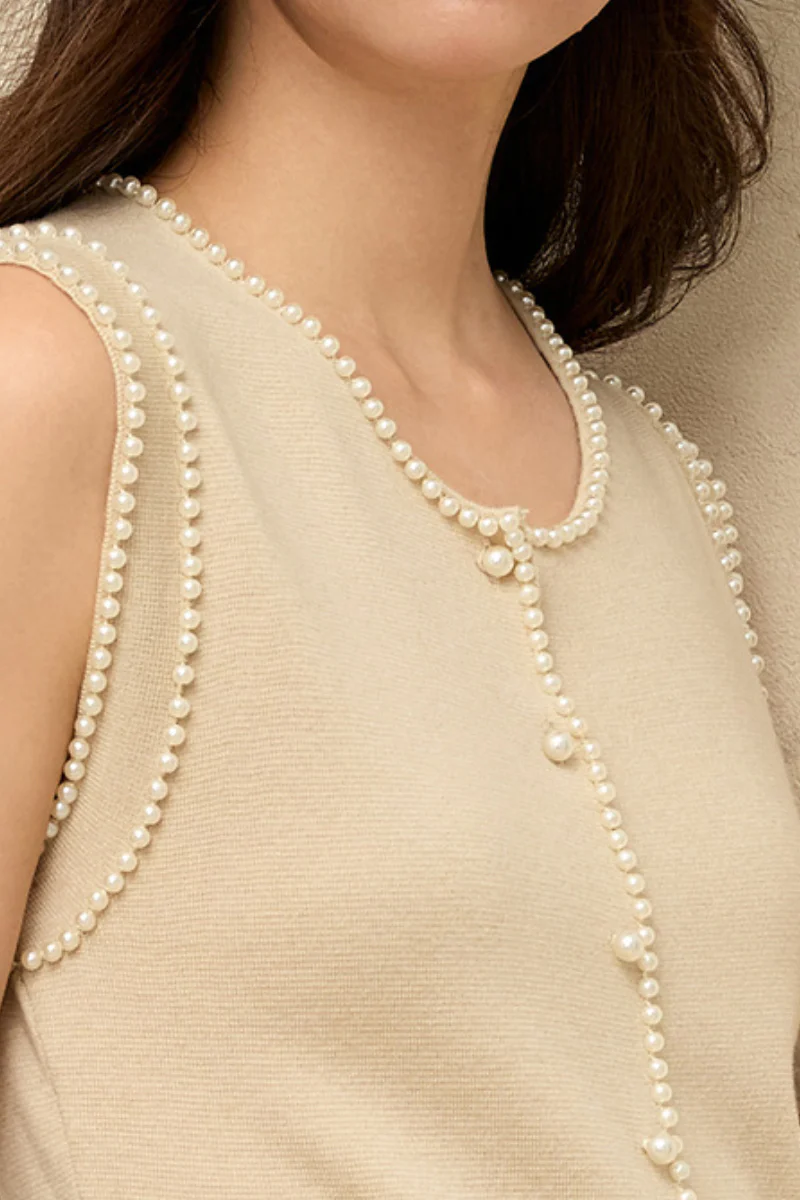 French Sleeveless Handmade Embellished Knit Midi Dress - HBQMJX