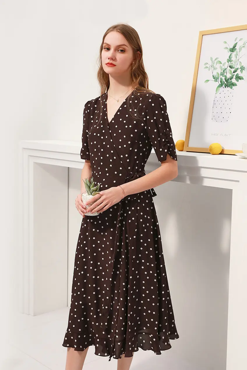 V-Neck Polka Dot Silk Midi Dress - HBQMJX