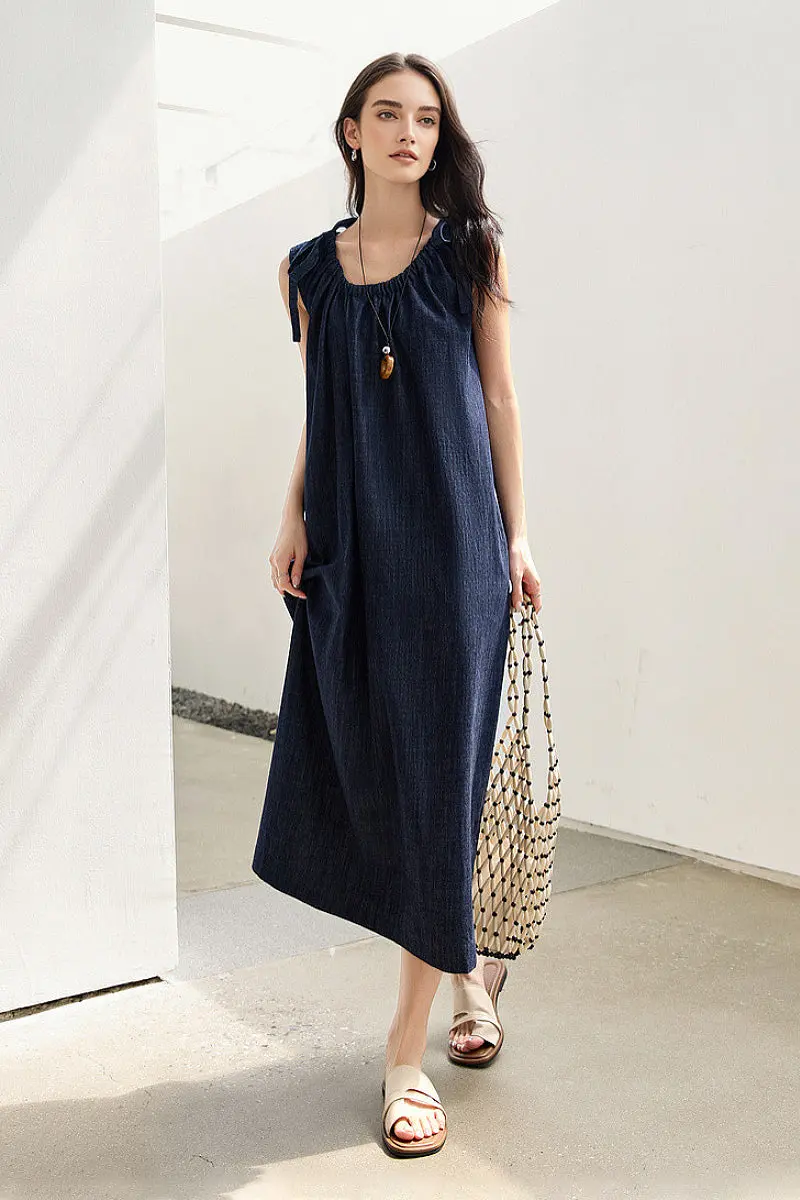 Denim Trapeze Tie-Strap Midi Dress - HBQMJX