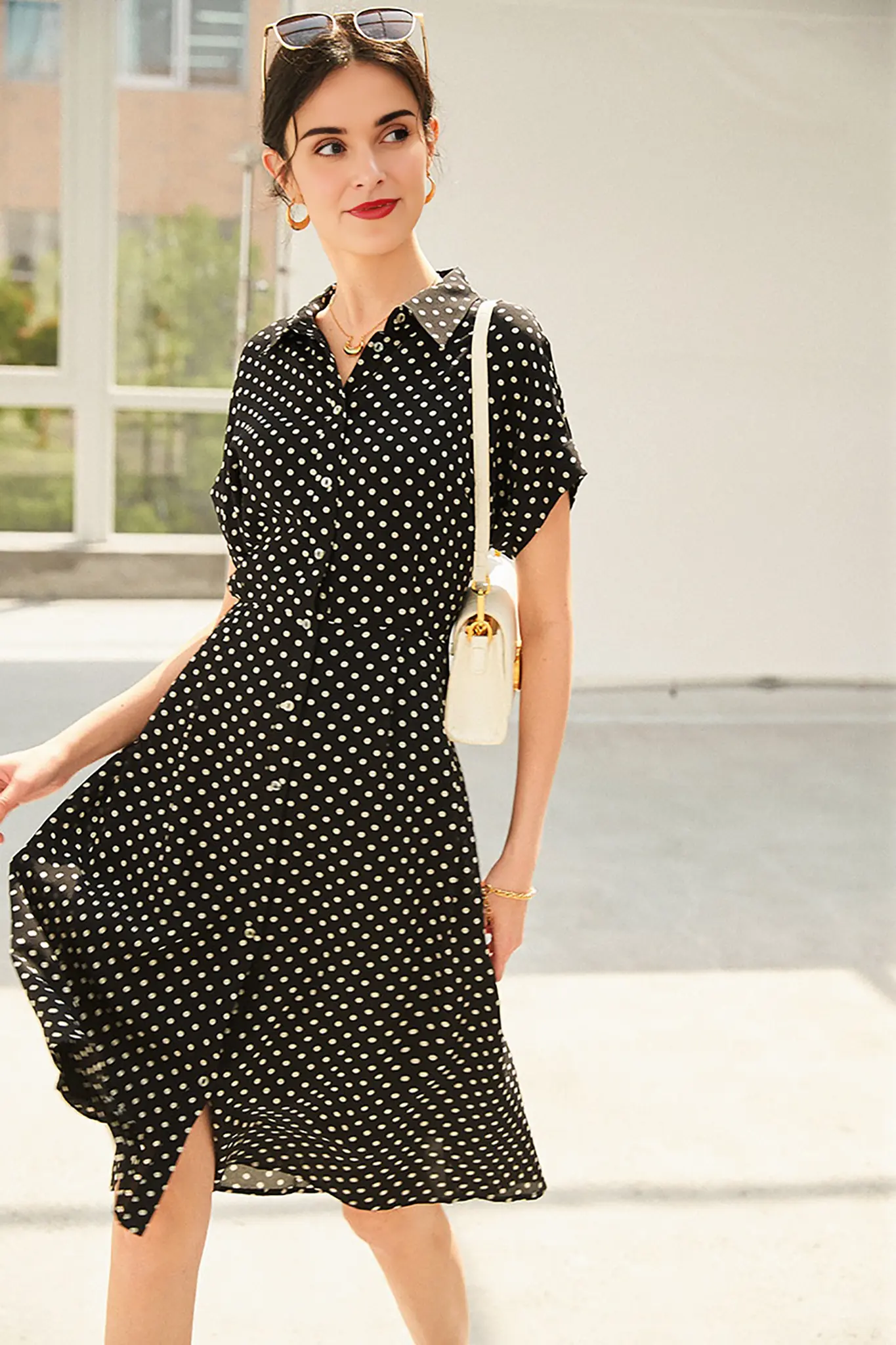 Women's Heavyweight Mulberry Silk Polka Dot Printed Silk Long Dress - HBQMJX