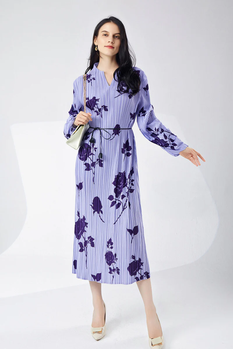 Designer Inspired Pleated Floral Long-Sleeve Midi Dress - HBQMJX