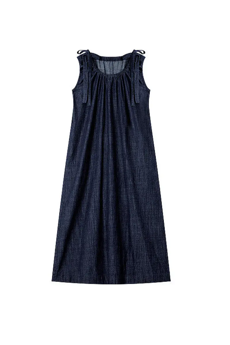 Denim Trapeze Tie-Strap Midi Dress - HBQMJX
