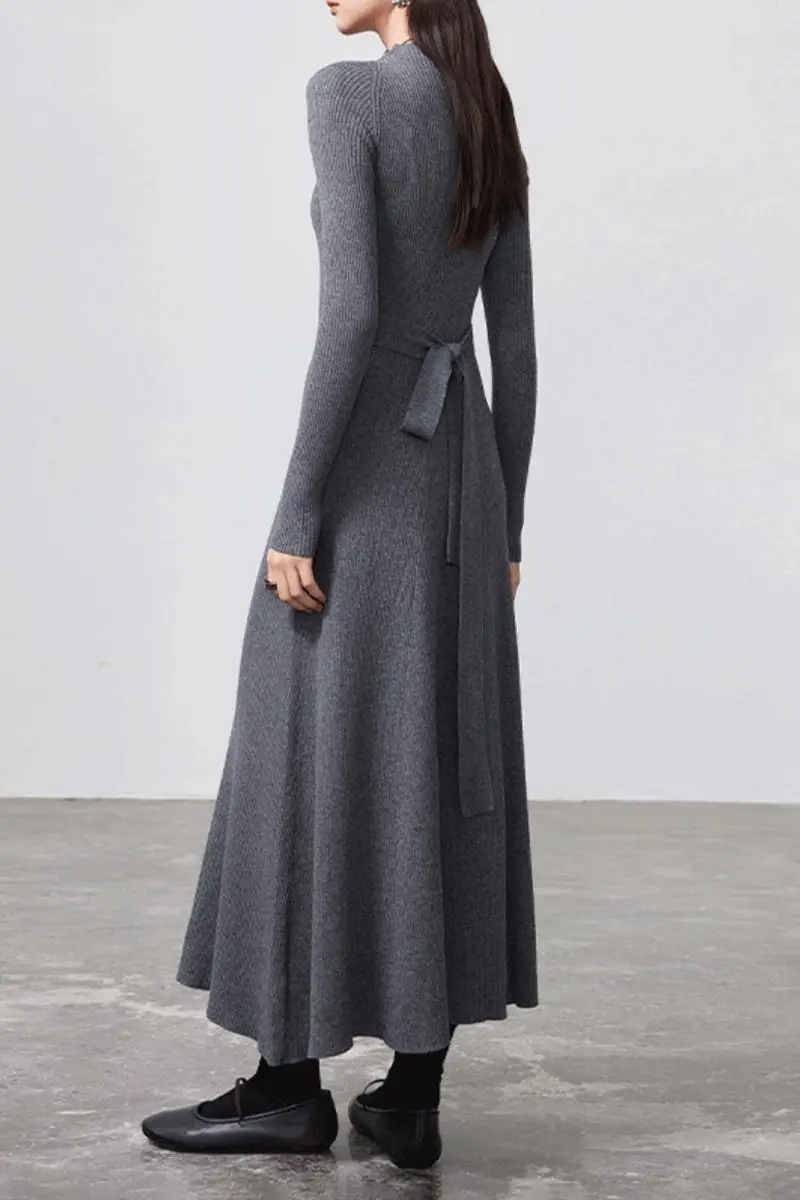 Machine Washable Merino Wool Fit & Flare Midi Sweater Dress with Belt - HBQMJX