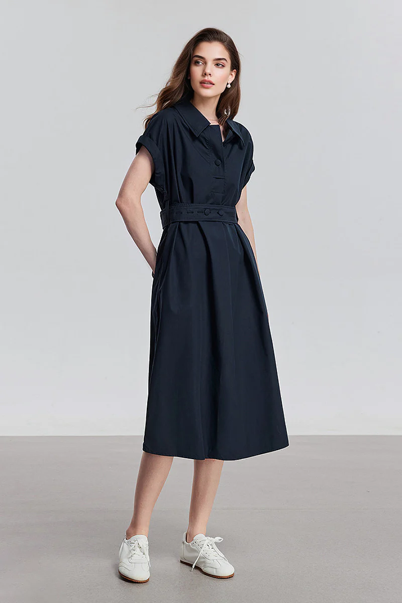 Navy Blue Belted Shirt Dress in Cotton-Lyocell Blend - JIEEQQ