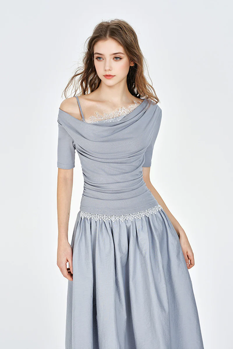 Blue Off-the-Shoulder Ruched Fit & Flare Maxi Dress - HBQMJX