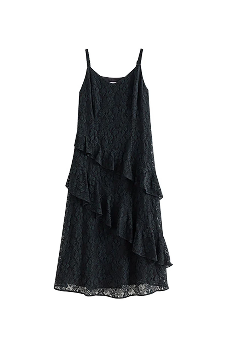 Black Lace Tiered Sleeveless V-Neck Midi Dress - HBQMJX