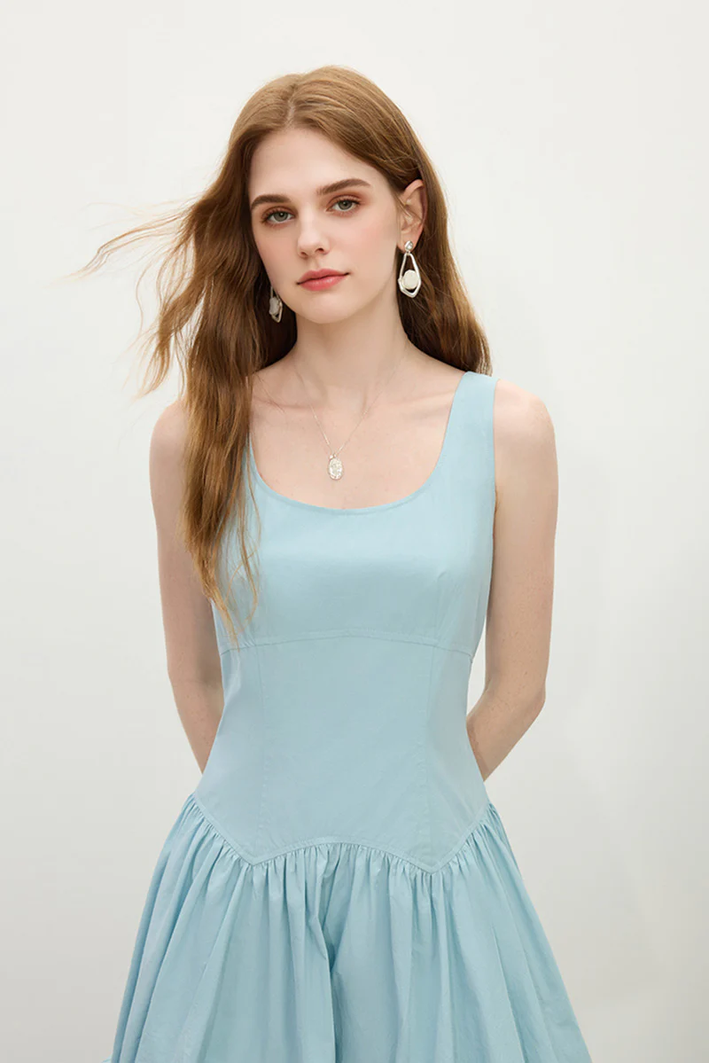 Baby Blue 100 Cotton Sleeveless Scoop-Neck Bubble Mini Dress - HBQMJX