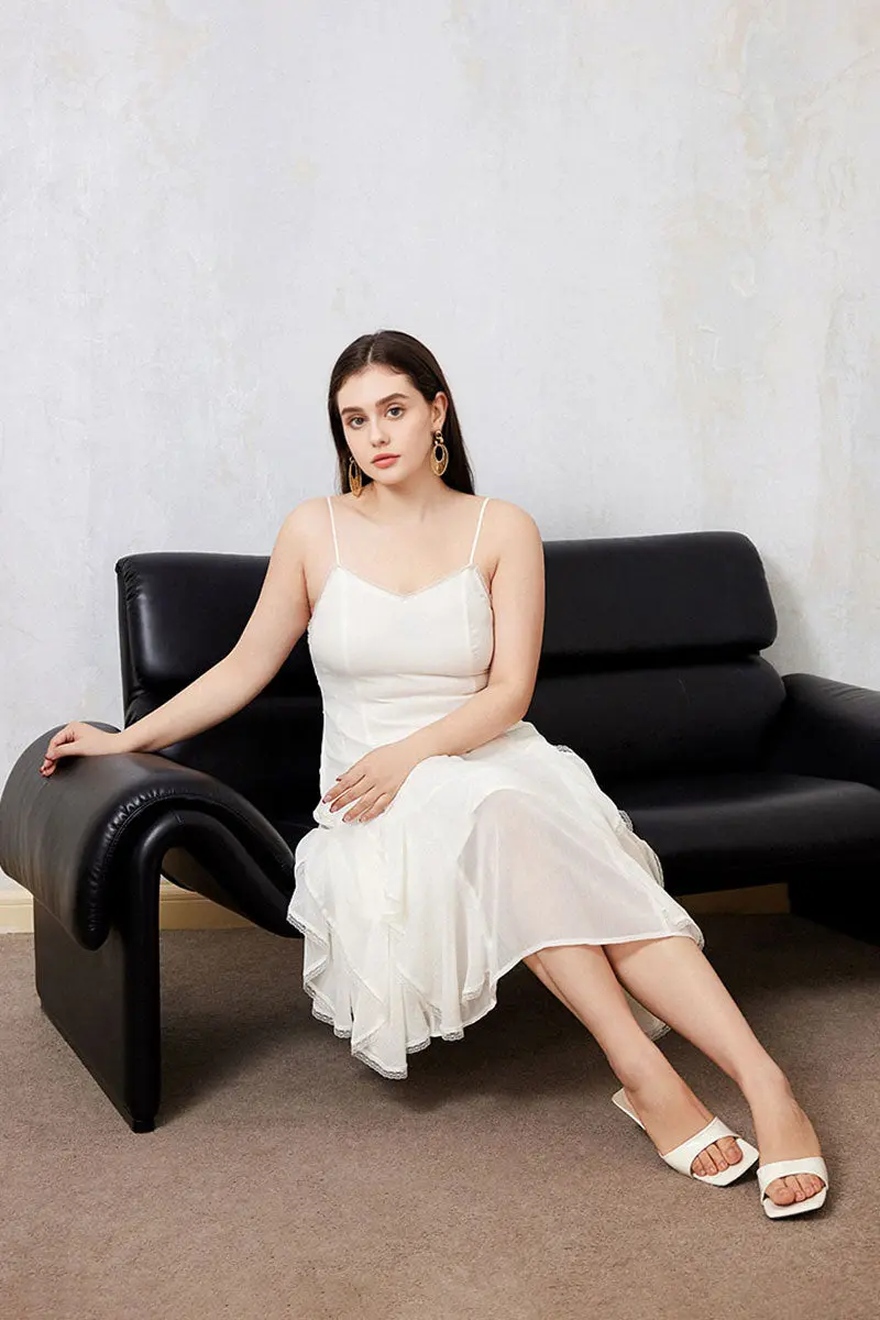 White Chiffon Spaghetti-Strap Ruffled Midi Dress with Lace Trim - HBQMJX