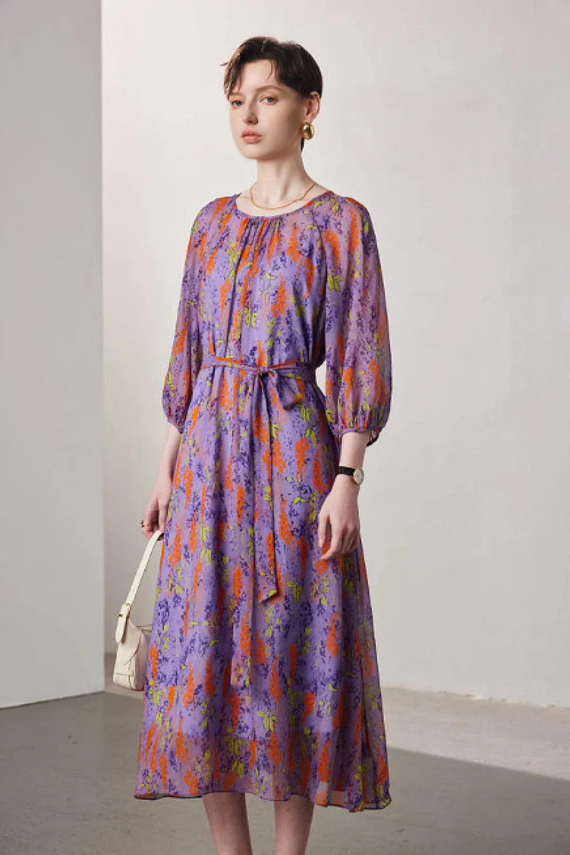 100 Mulberry Silk Floral Balloon-Sleeve Tie-Waist Midi Dress with Camisole Slip - HBQMJX