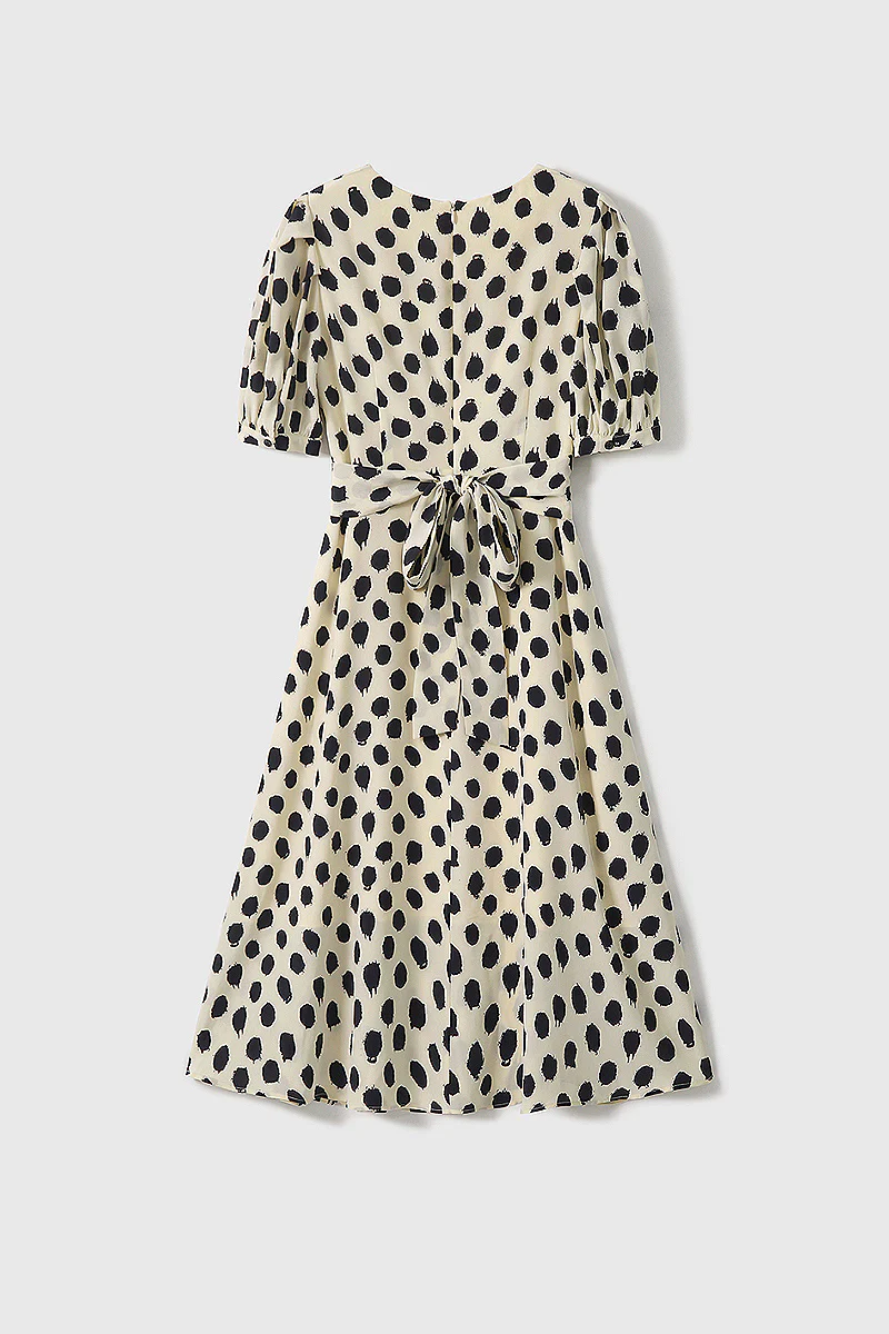 100% Silk Polka Dot Crepe A-Line Midi Dress - HBQMJX
